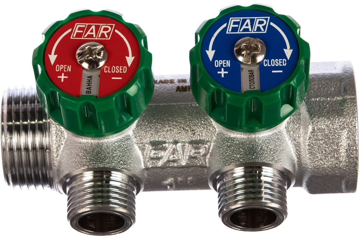 Регулирующий коллектор FAR 1" ВР-НР с 2 отв. 1/2" НР межосев. 45 мм, плск.упл. FK 3821 112TP