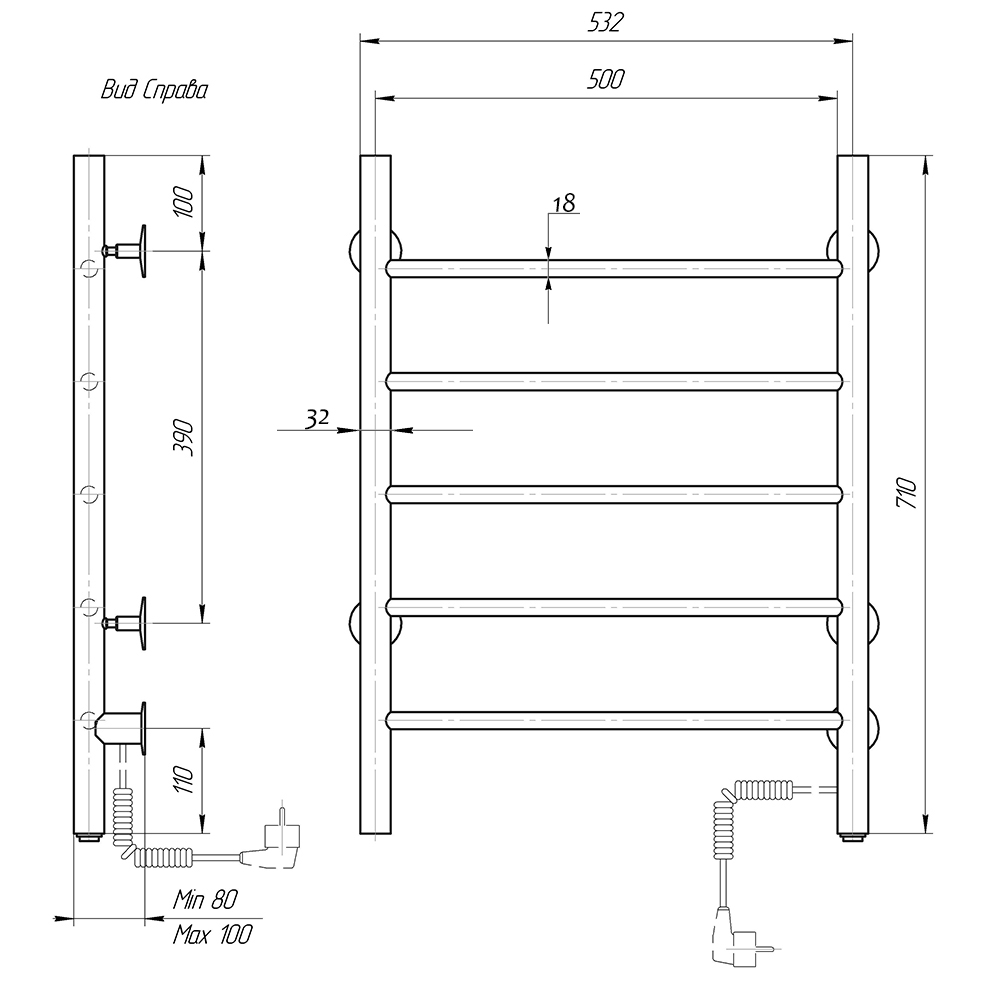 Полотенцесушитель электрический Domoterm Аврора DMT 109-5 53x71 BOX EK ТЭН справа, хром