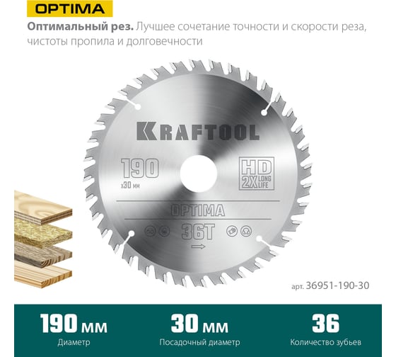 Диск пильный по дереву Kraftool Optima 190x30 мм, 36Т 36951-190-30