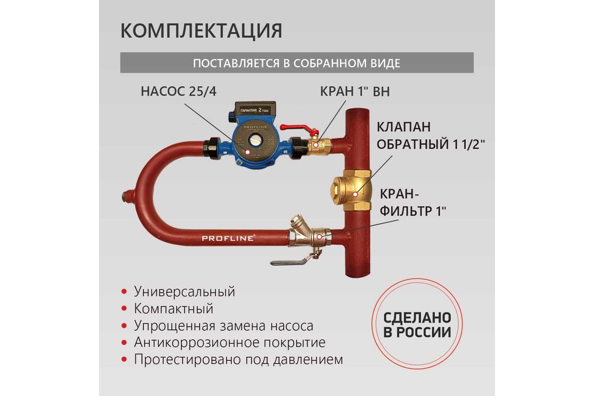 Байпас PROFLINE насос 25/4 комплектуется железом Ду40, с обратным клапаном, узкий УТ-00035591