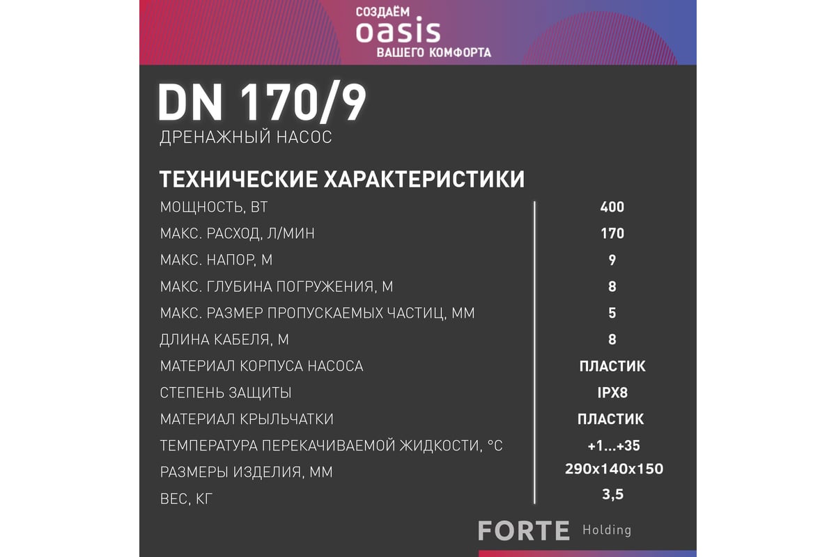 Дренажный насос для чистой воды Oasis DN 170/9 4670004376898
