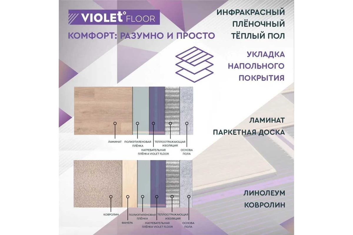 Электрический пленочный инфракрасный теплый пол VIOLET FLOOR 130, 25 кв.м, ширина 0.5 м VLT1000027