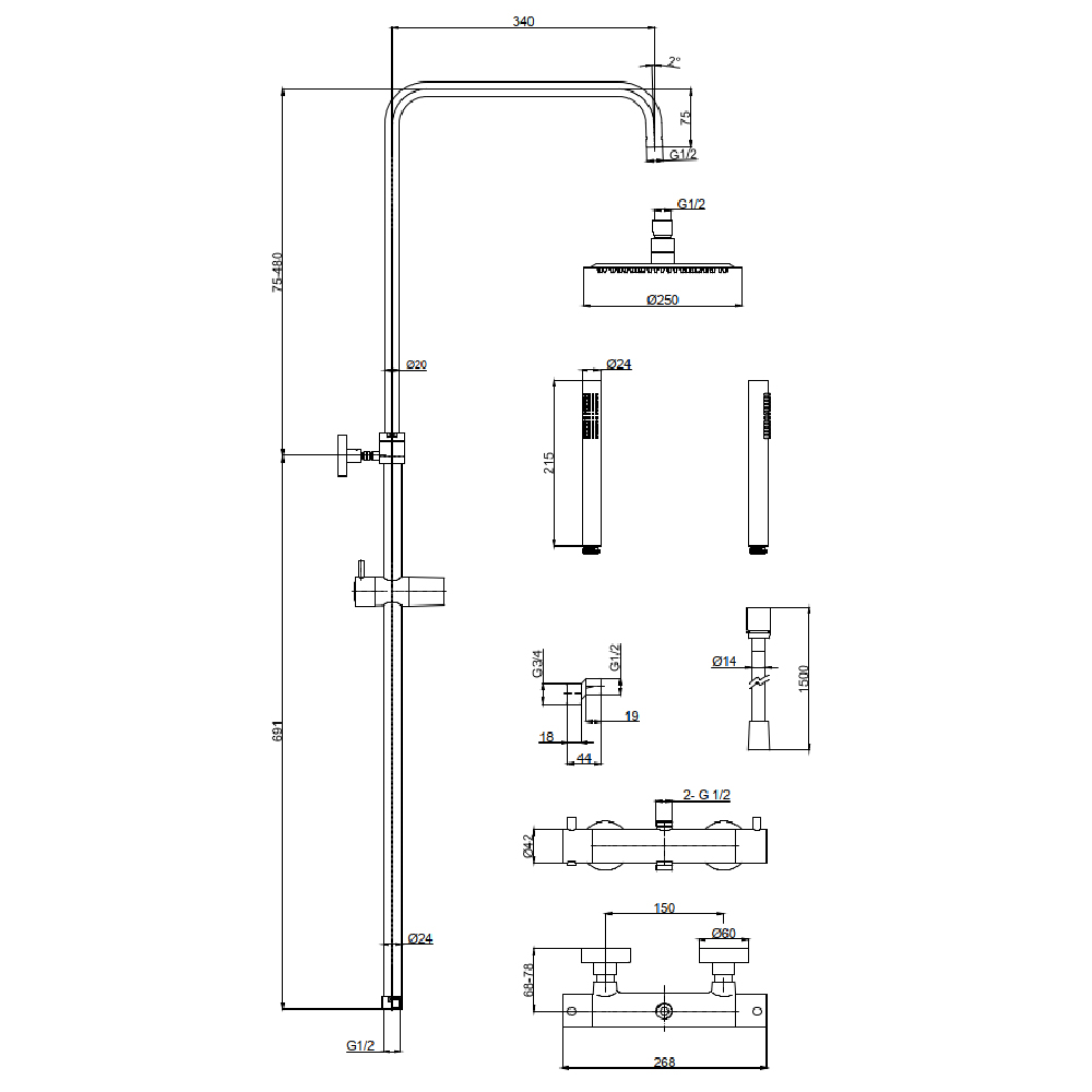 Душевая стойка AQUAme Siena AQM8006CR с термостатом, хром