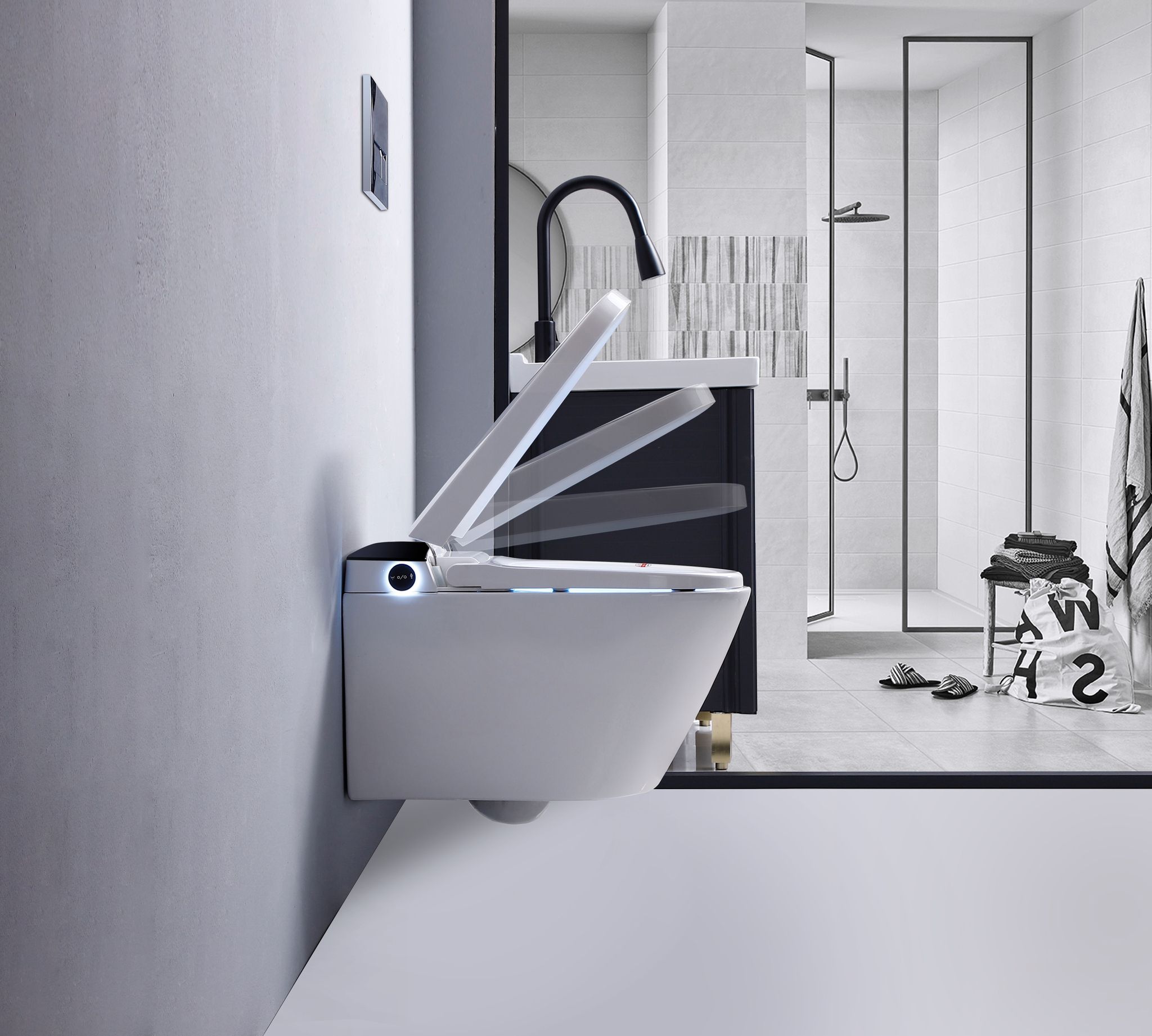 Электронный подвесной унитаз-биде Timo TЕ-751B с инсталляцией и черной матовой кнопкой