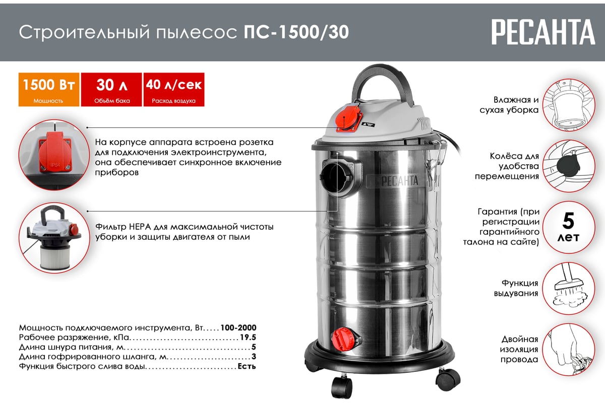 Строительный пылесос Ресанта ПС-1500/30 75/19/2
