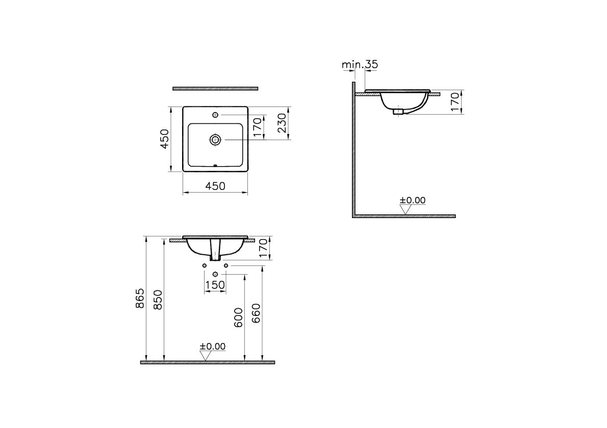 Раковина VitrA S20 5463B003-0001 квадратная 45 cм, c переливом