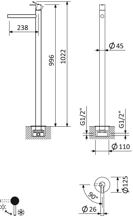 Напольный смеситель Cezares Leaf LEAF-TVP-L-01-W0 с тонкой ручкой, хром