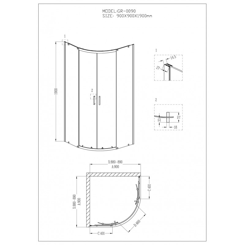 Душевой уголок Grossman Classic GR-0090 90x90 четверть круга