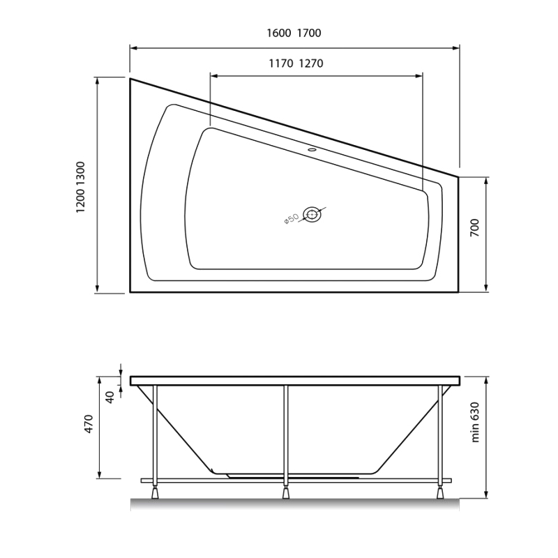 Акриловая ванна Vayer Trinity 170x130 см R