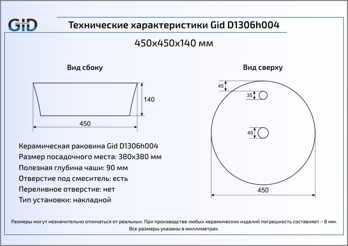 Раковина Gid LuxeLine D1306h004 45 см черный