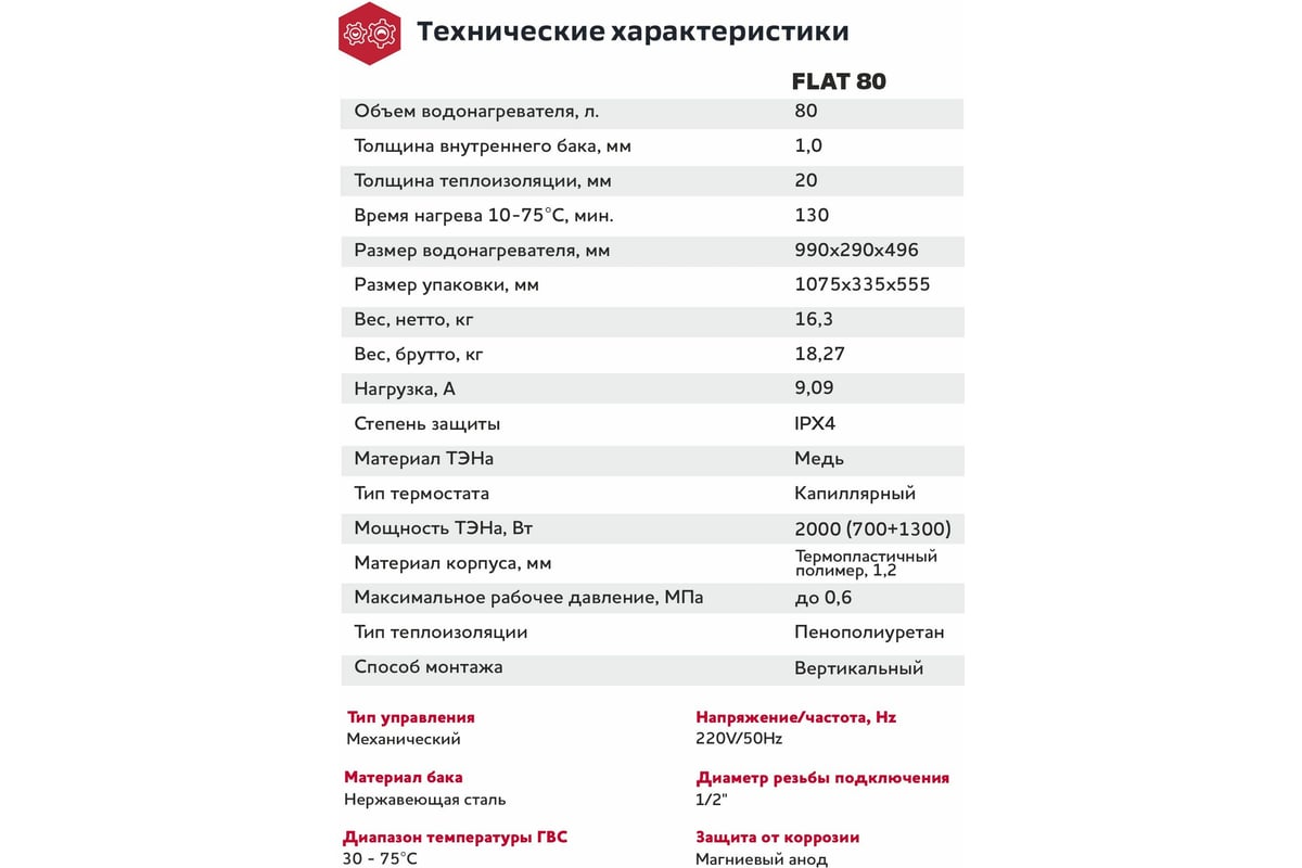 Электрический водонагреватель Grosseto Flat-80 80 л плоский, нержавеющая сталь (1300+700)W 2041253