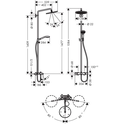 Душевая стойка Hansgrohe Croma Select 280 Air 1jet Showerpipe 26792000 термостат