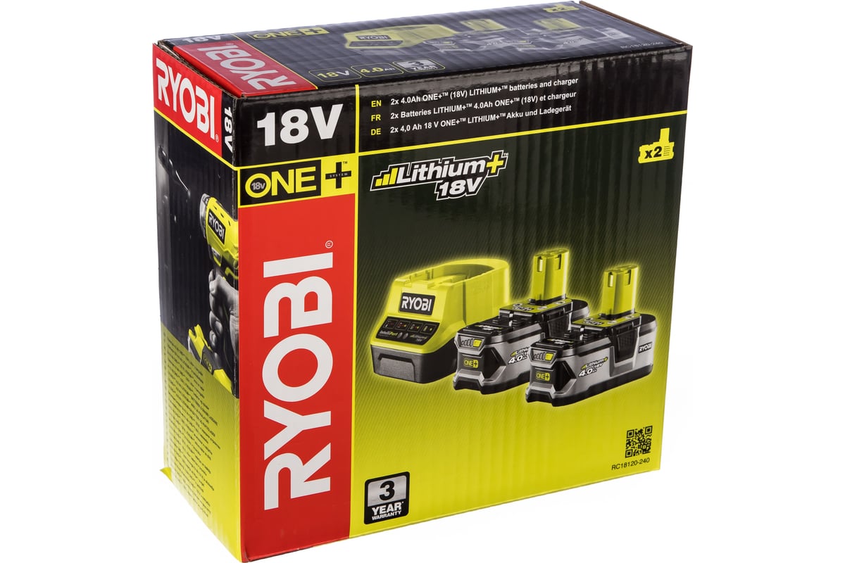 Набор Ryobi ONE+ RC18120-240 5133003363 аккумулятор (18 В; 4.0 А*ч; Li-Ion) 2 шт. и зарядное устройство RC18120