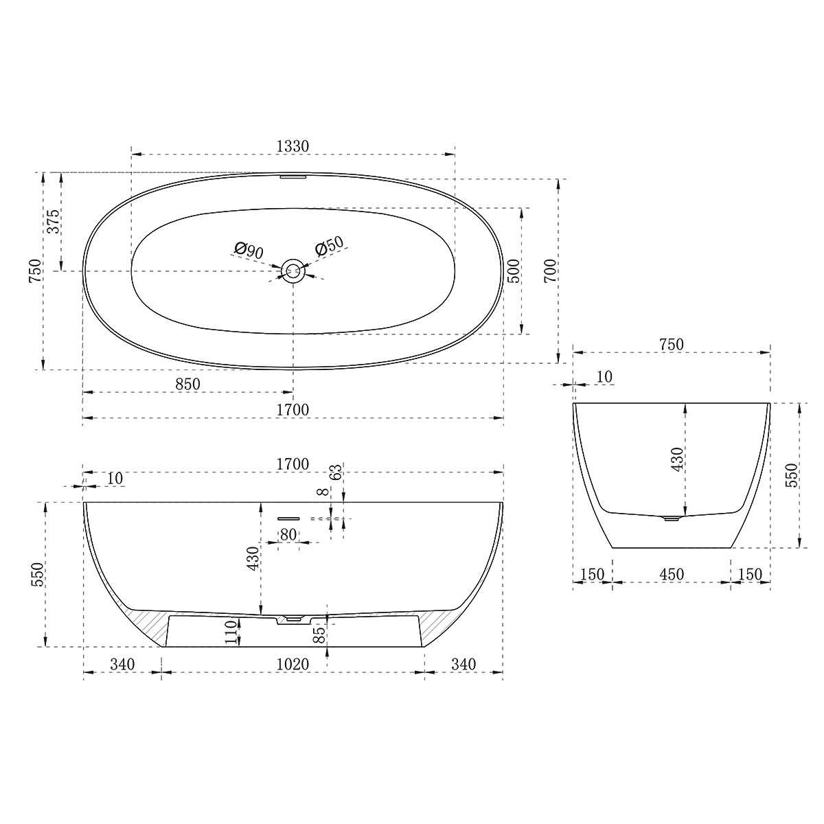 Ванна из искусственного камня Vincea VBT-6S01MW 170x75 см белый матовый