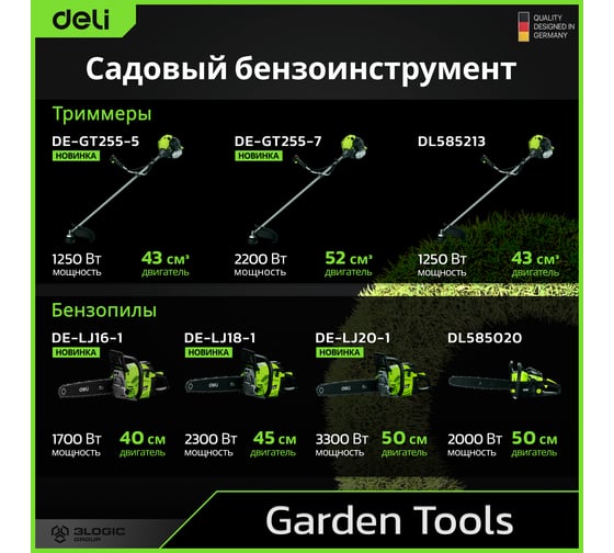 Бензопила цепная Deli (2300Вт/ 3,1 л.с, шина 45см, двигатель 45 см3) DE-LJ18-1 145422