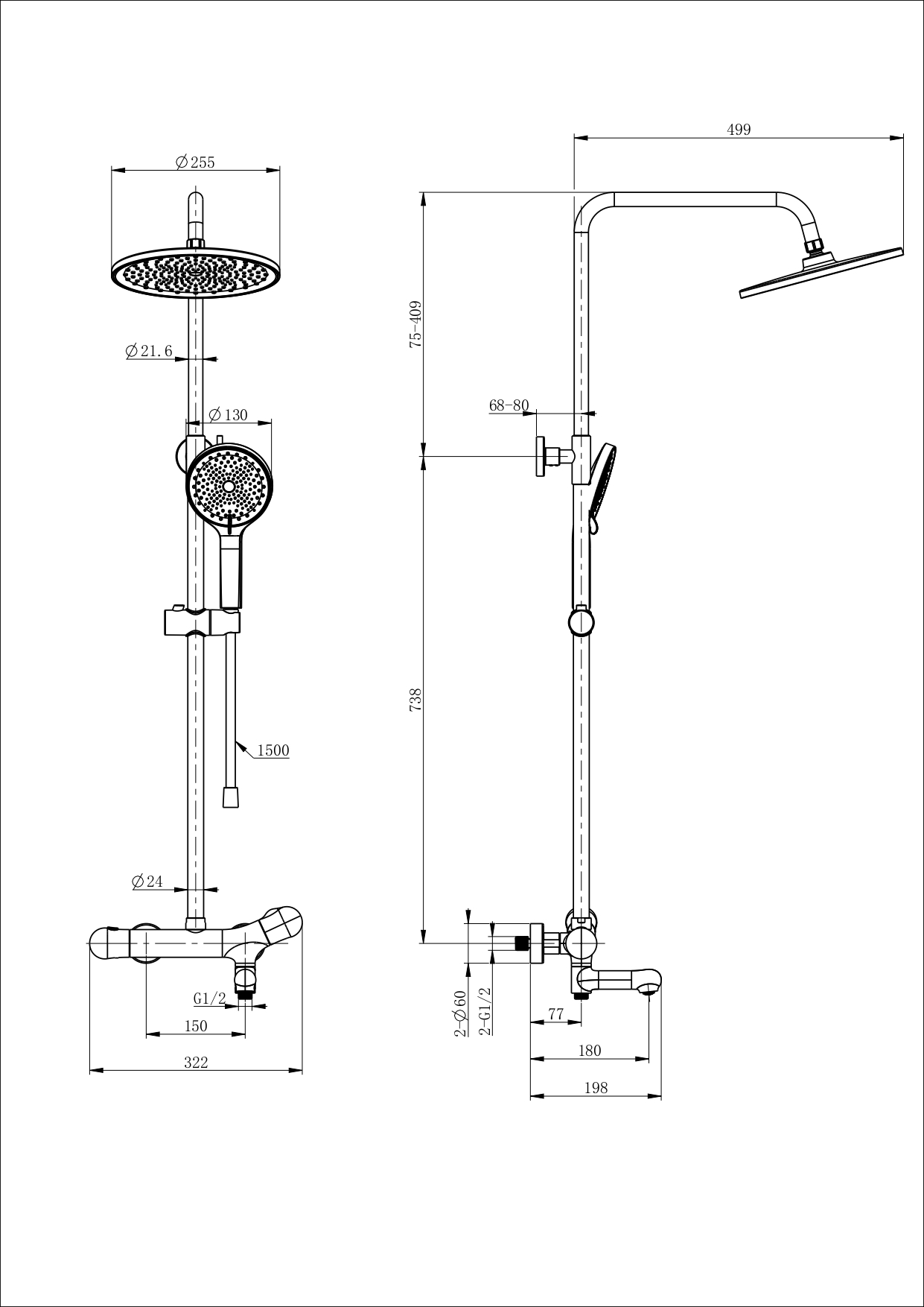 Душевая стойка Wonzon&Woghand T-1000 WW-B3057-A-CR термостат, хром