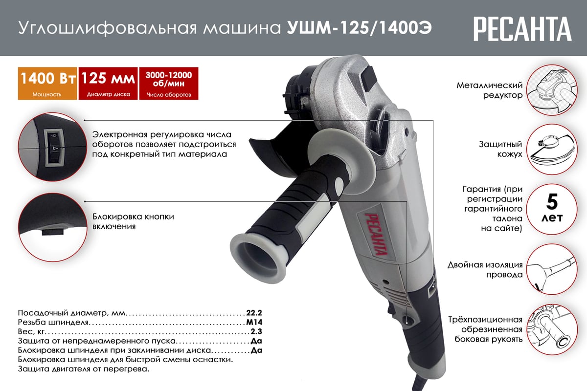 Углошлифовальная машина Ресанта УШМ-125/1400Э 75/12/5