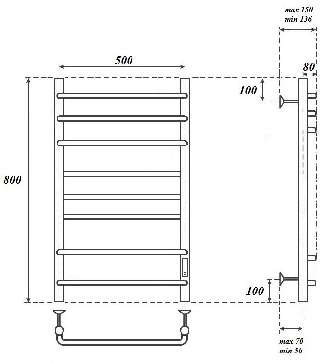 Полотенцесушитель электрический Point Сатурн PN90858B П8 50x80 диммер справа, черный