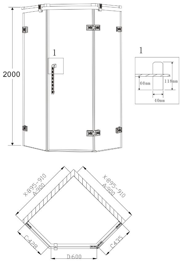 Душевой уголок Grossman Status ST-90RGD 90x90 пятиугольный, золото