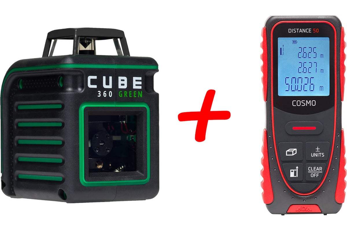 Лазерный уровень ADA CUBE 360 GREEN Basic Edition + Дальномер лазерный Cosmo 50 НОВОГОДНИЙ КОМПЛЕКТ А00732