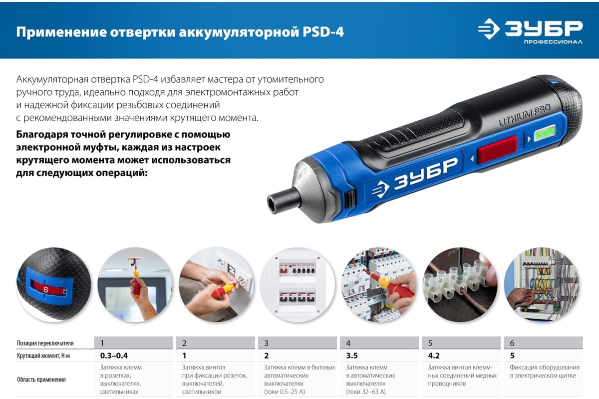 Аккумуляторная отвертка Зубр Профессионал 4 Vmax, в коробке PSD-4