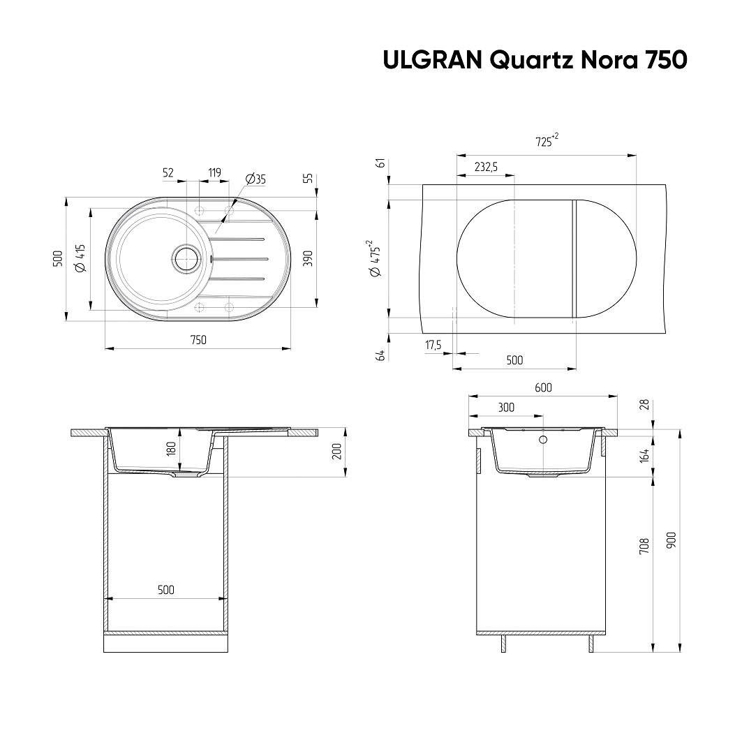 Кухонная мойка Ulgran Quartz Nora 750-07 75 см уголь