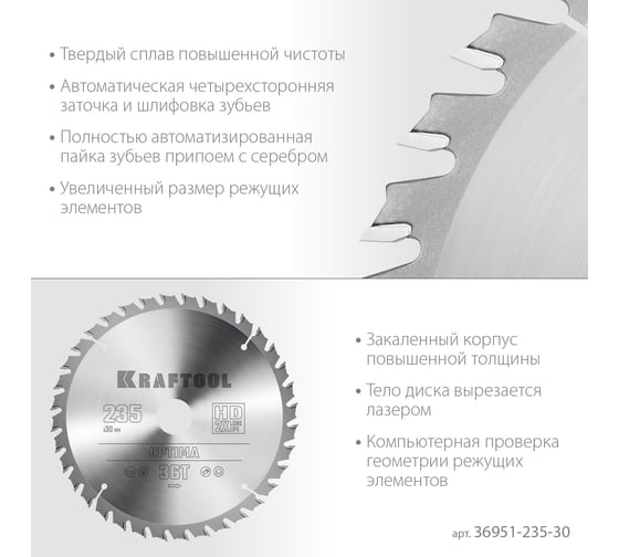 Диск пильный по дереву Kraftool Optima 235x30 мм, 36T KRAFTOOL 36951-235-30