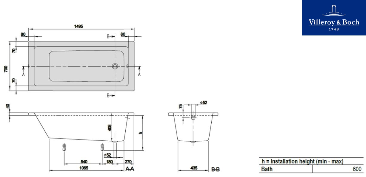 Акриловая ванна Villeroy&Boch Targa Plus Mono 150x70 см