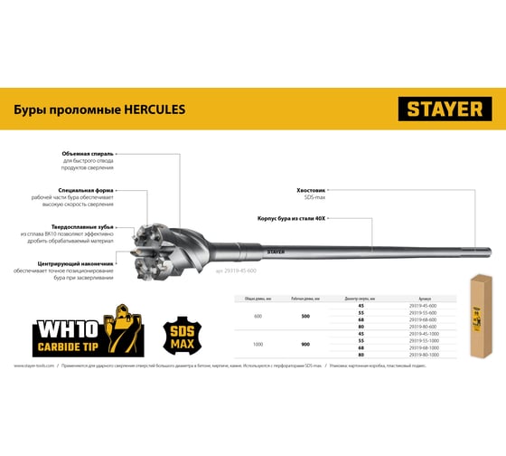 Проломной бур Stayer Hercules-4Х SDS-max 68x500/600 мм 29319-68-600