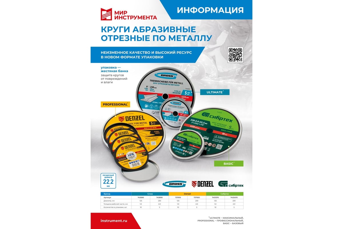 Круг отрезной по металлу 125x1x222 мм, WA60TBF, в металлической банке, 10 шт Denzel 737610