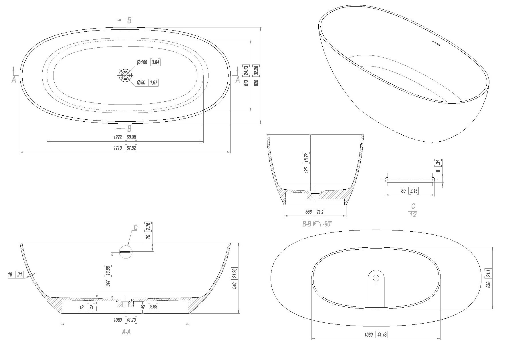 Ванна из искусственного камня Allen Brau Solid Stone Krion Oval 170x80 белый матовый 2.35003.21