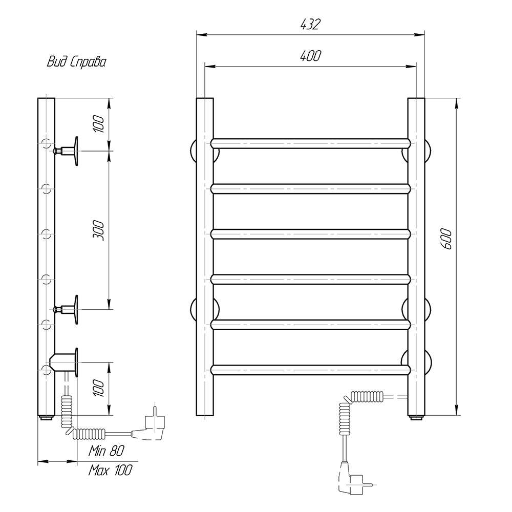 Полотенцесушитель электрический Domoterm Аврора DMT 109-6 40x60 EK ТЭН справа, хром