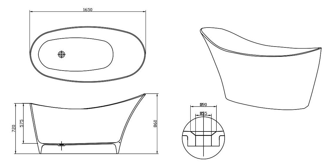 Ванна из искусственного камня Vincea VBT-220S 165x80