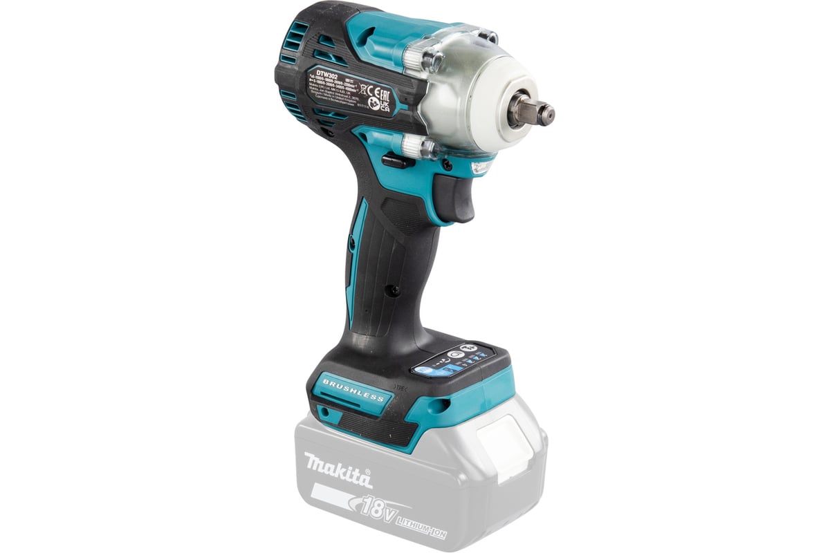 Аккумуляторный ударный гайковерт Makita бесщеточный, 18 В, Li-ion, BL-мотор, 0-3200 об\мин, 0-4000 уд\мин, 300 Нм, 4 скорости, 3\8", подсветка, М10-М20, б/акк и ЗУ DTW302Z