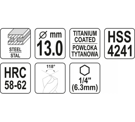 Сверло фрезеровальное по металлу 13 мм, HSS-TIN Yato YT-44831