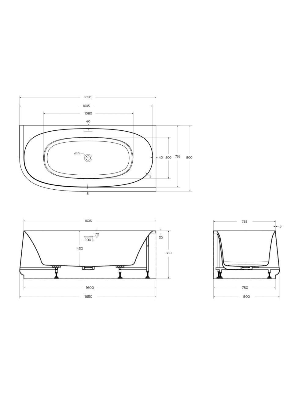 Акриловая ванна Cezares Lux CZR-LUX-CORNER-165-80-58-R 165x80 см белый, R