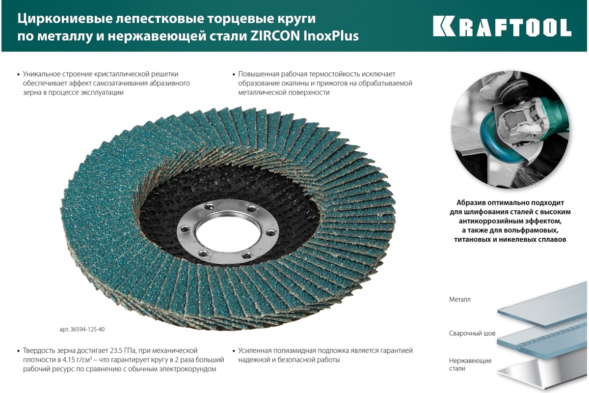 Лепестковый циркониевый торцевой круг Kraftool 36594-125-40 ZIRCON Inox-Plus по металлу и нержавеющей стали, 125x22.2 мм, P40