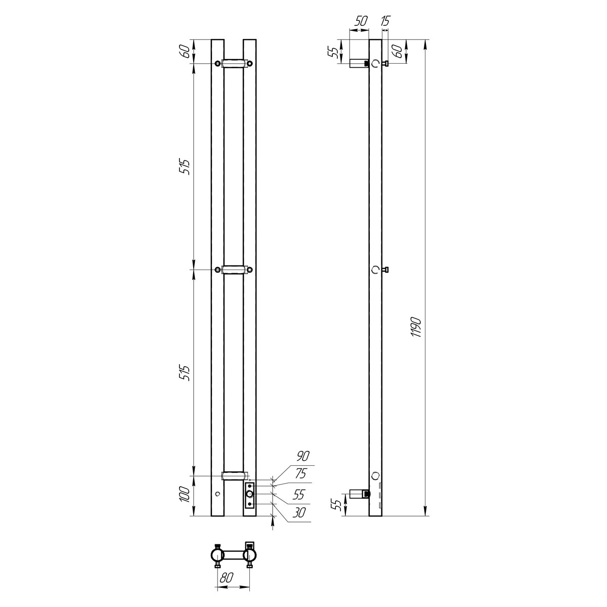 Полотенцесушитель электрический Point Гермес PN12812B П3 80x1200 диммер справа, черный