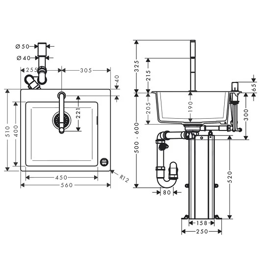 Кухонная мойка Hansgrohe C51-F450-06 56 см со встроен. смесителем, черный/хром