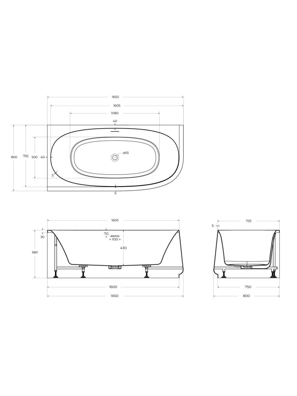 Акриловая ванна Cezares Lux CZR-LUX-CORNER-165-80-58-L 165x80 см белый, L