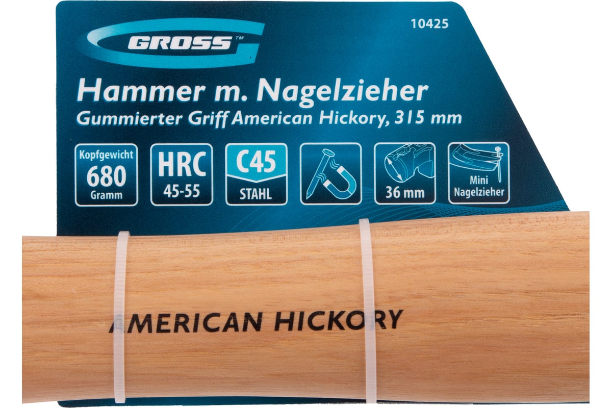 Молоток-гвоздодер Gross 680 г, угол 75, магнит, обрезиненная рукоятка american hickory 10425