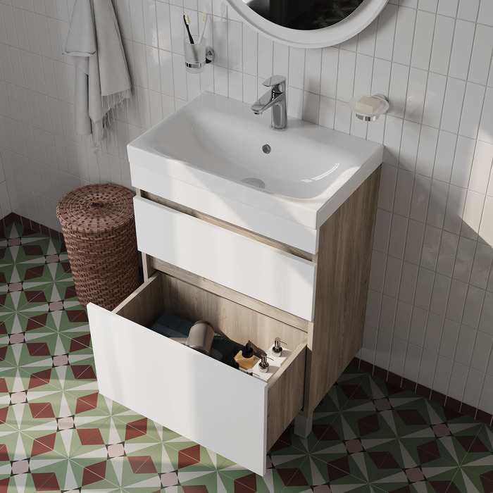 Мебель для ванной Iddis Zodiac 60 см напольная с ящиками, белый/под дерево
