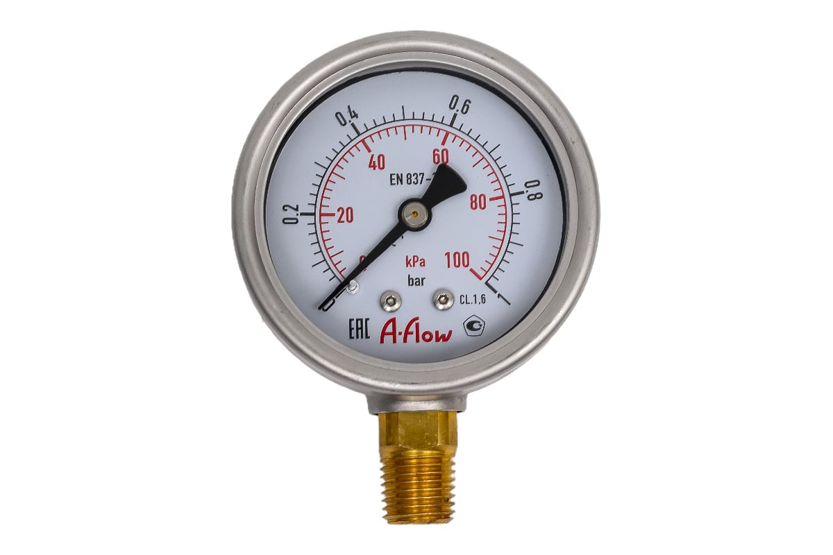 Манометр от 0 до 1 бар из нержавеющей стали, D63 мм, NPT 1/4", штуцер снизу A-Flow G22-S-4N-63A-1bar
