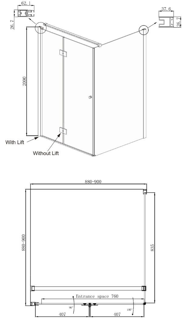 Душевой уголок Ambassador Diamond 12011105L 90x90 квадратный, хром, L