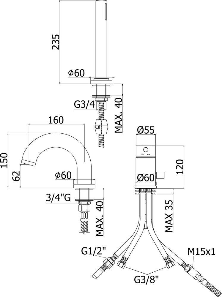 Смеситель на борт ванны Paffoni Light LIG047ST сталь