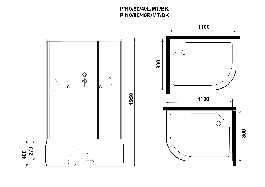 Душевая кабина Niagara Promo P110/80/40R/MT/BK 110x80 стекло матовое, без крыши и г/м, R