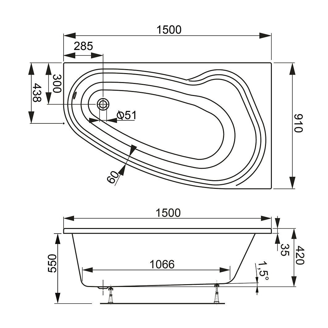 Акриловая ванна VagnerPlast Avona 150x91 R