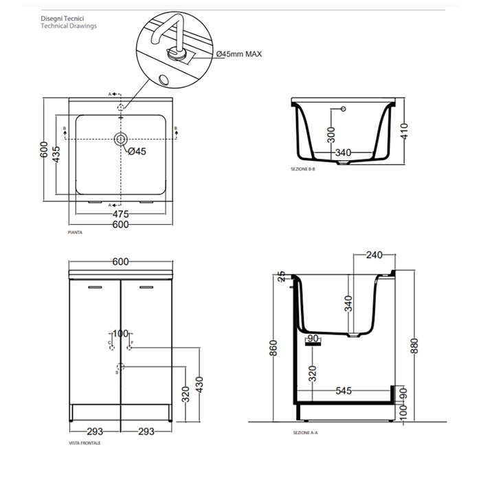 Раковина Kerasan Aquadom 60х60 см, 1 отв. для постирочной 029401*1