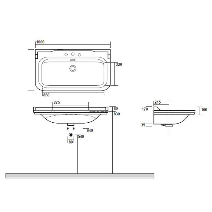 Раковина Kerasan Waldorf 4142K1bi/cr*1 100 см белый/хром (с 1 отв. под смеситель)