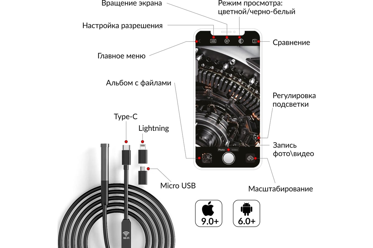 Видеоэндоскоп iCartool USB, 2Мп, 1920x1080, 1м, 7.9 мм зонд IC-V801